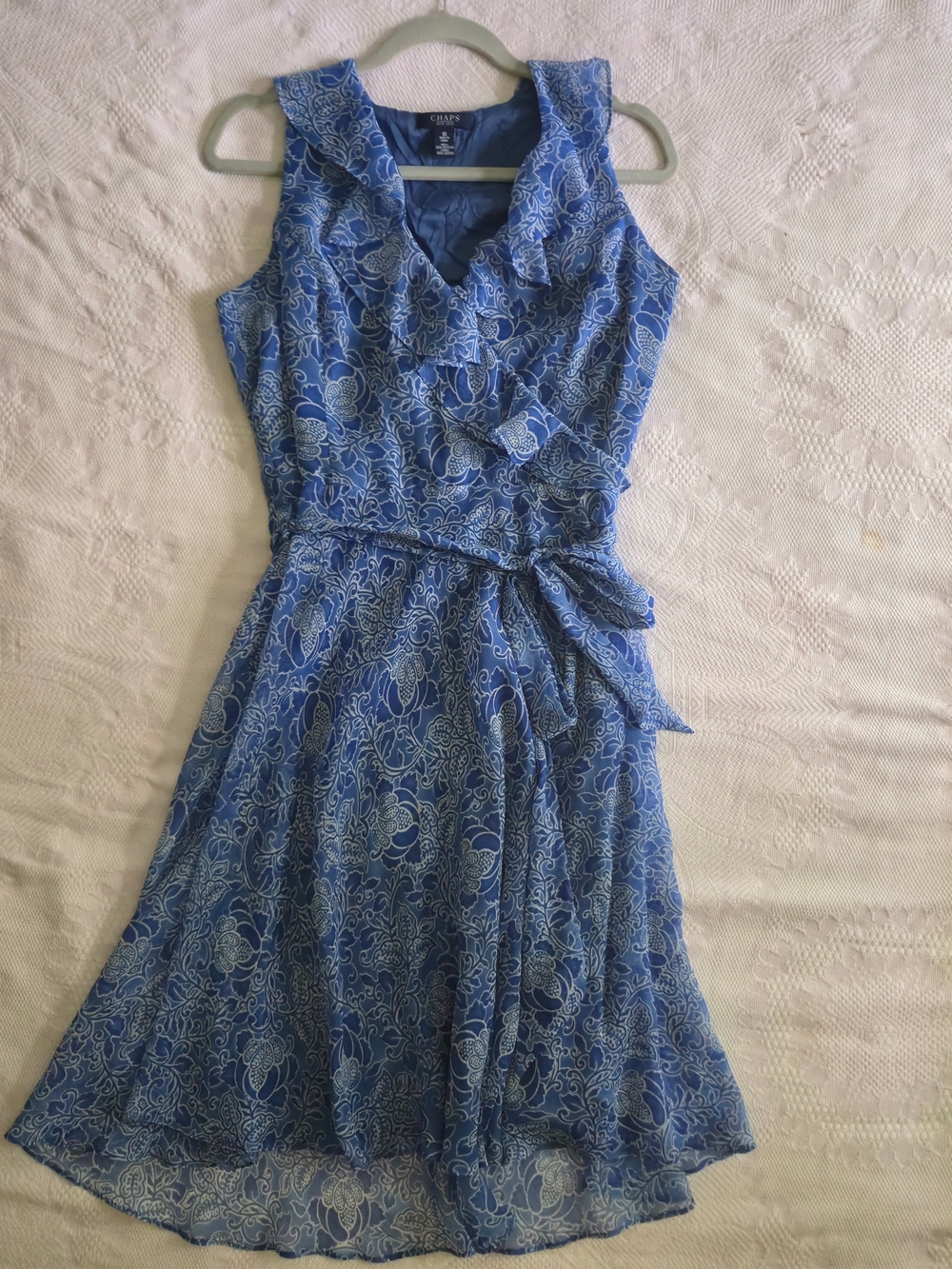 Chaps Blue Floral Ruffle Wrap Sleeveless Midi Dress Size 10